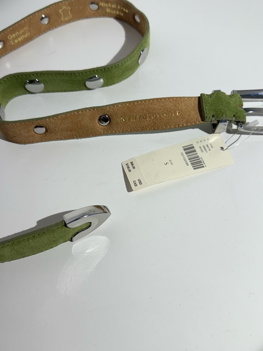 NWT Anthropologie Olive Pistachio Green Suede Belt Silver Studs Summer Trend - Picture 6 of 7